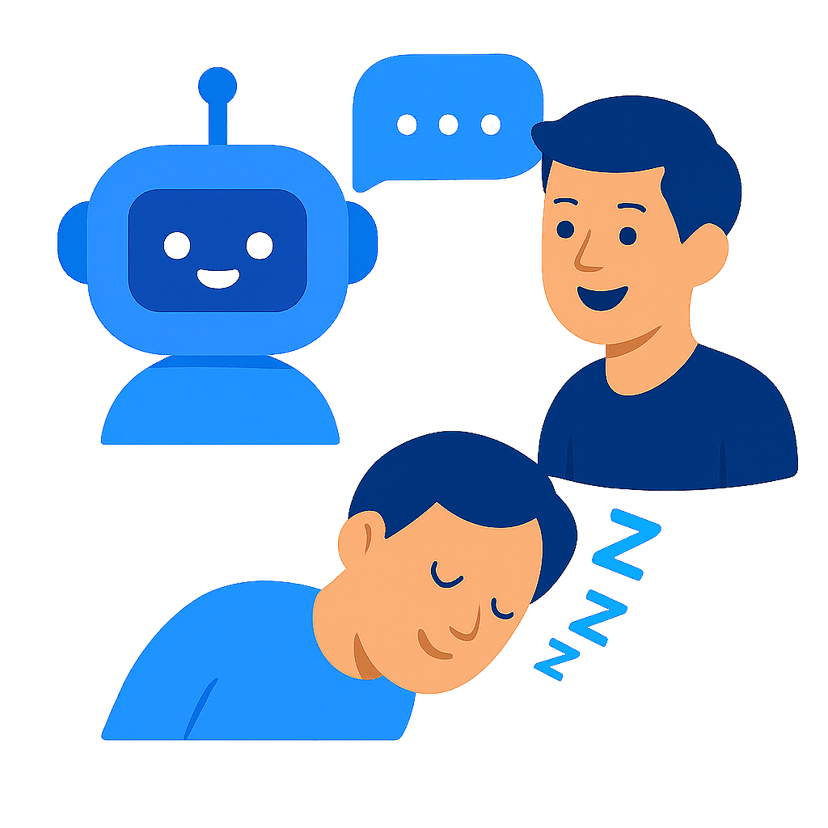 Chatbot talking to a happy customer while business owner sleeps